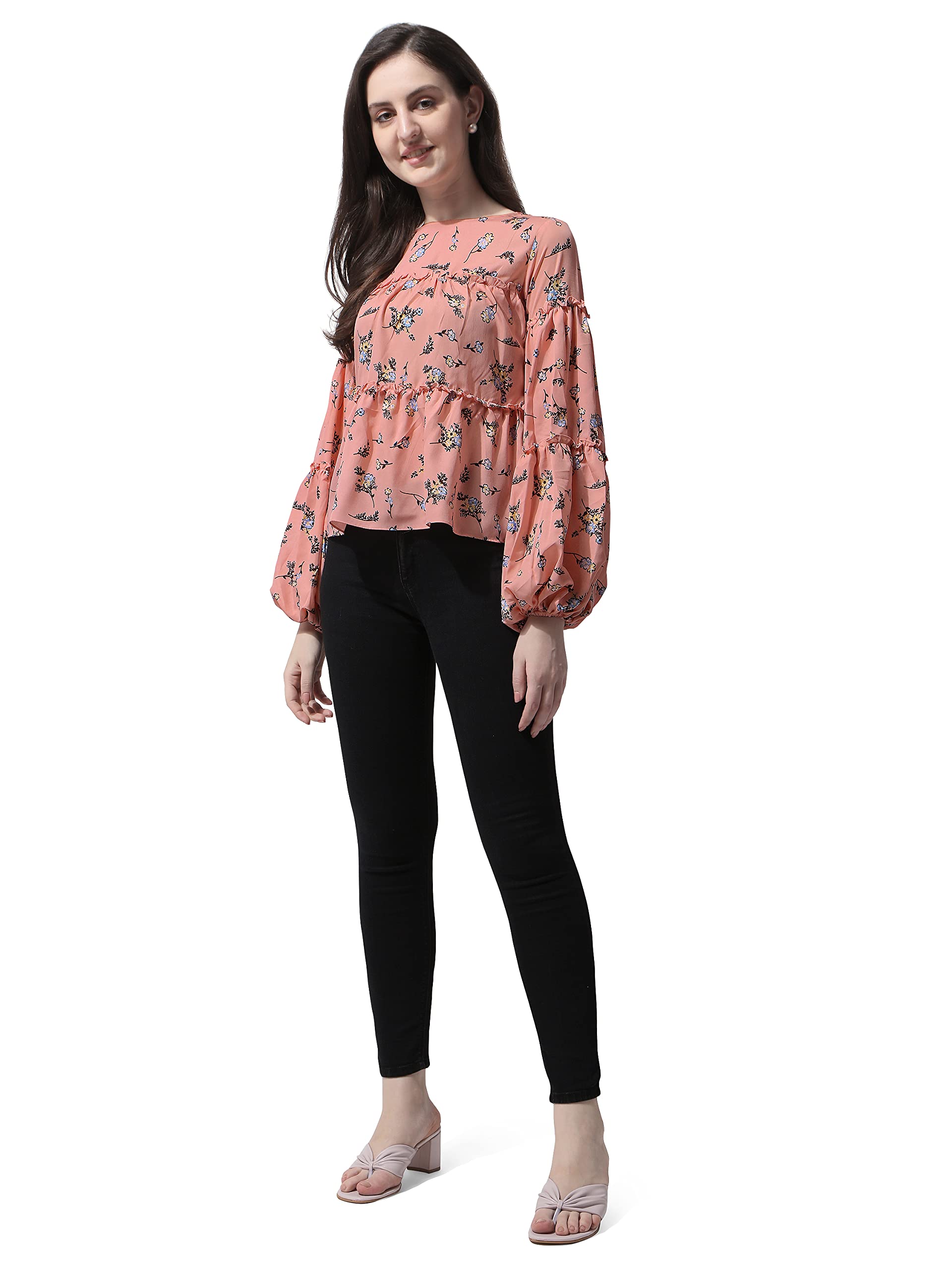 Orange Floral Print Peplum Top in Crepe Fabric with Boat Neck and Full Sleeve-image-14