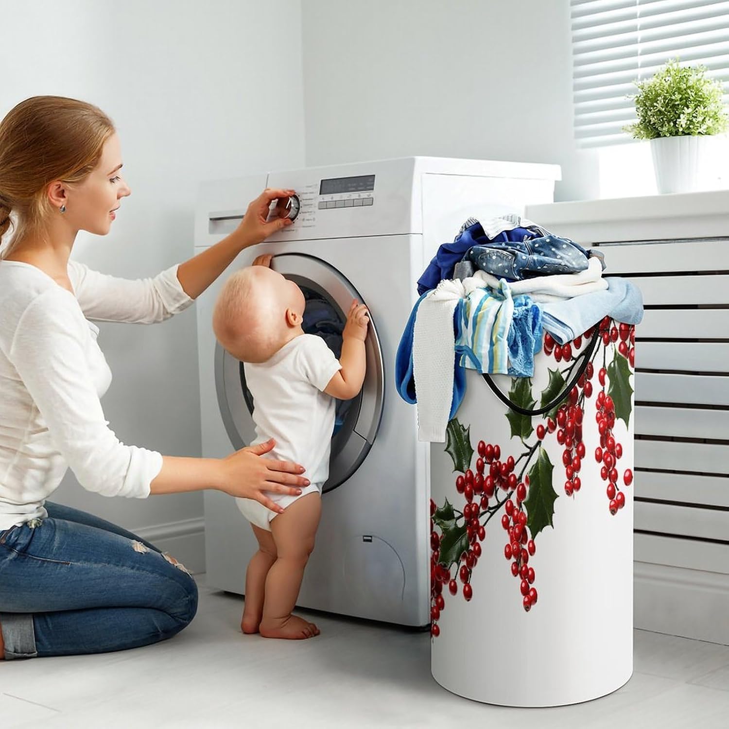 Large Laundry Basket Collapsible Dirty Clothes Basket with Carry Handles Portable Waterproof Freestanding Holly Berry Branches Laundry Hamper for Bathroom Bedroom Laundryroom Dorms 86L
