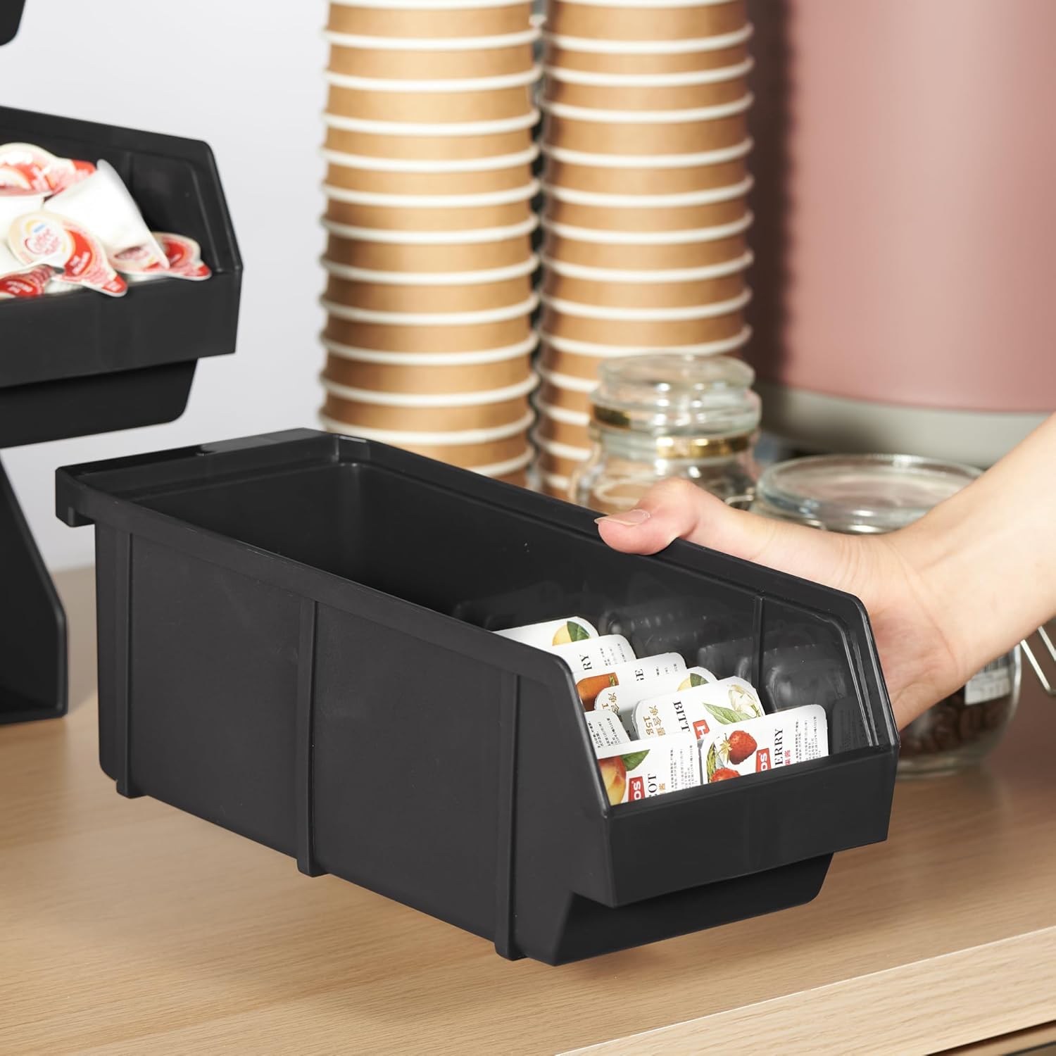 CURTA Black Self Serve Condiment Bin Stand Set, 3-Tier Stand with 6 Bins, 20" D x11.5" W x 14" H, Coffee Bar Beverage Station