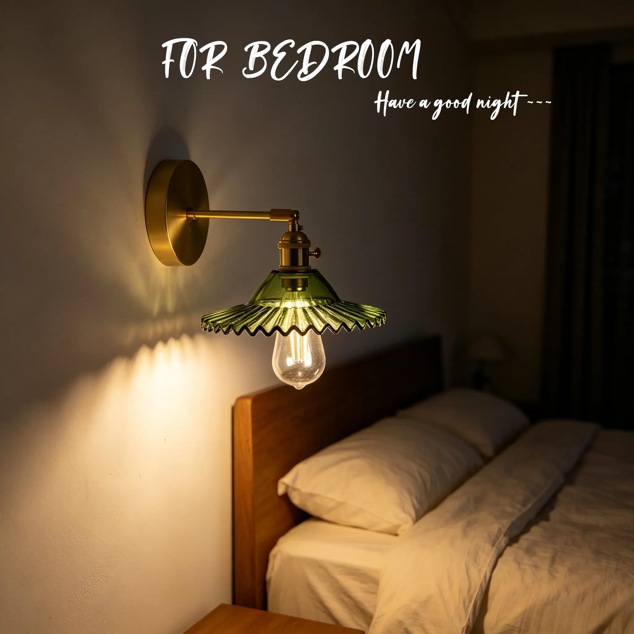 Zielona lampa ścienna w stylu vintage, ze szkła, E27, przemysłowa, z mosiężną oprawką, przełącznik, regulowane światło w górę w dół, do sypialni, kuchni, loftu