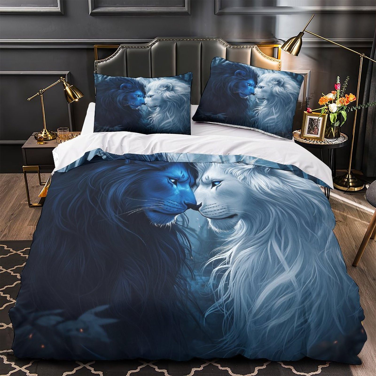 Housse de couette lion bleu 3D en microfibre King 220x240cm avec 2 taies d'oreiller