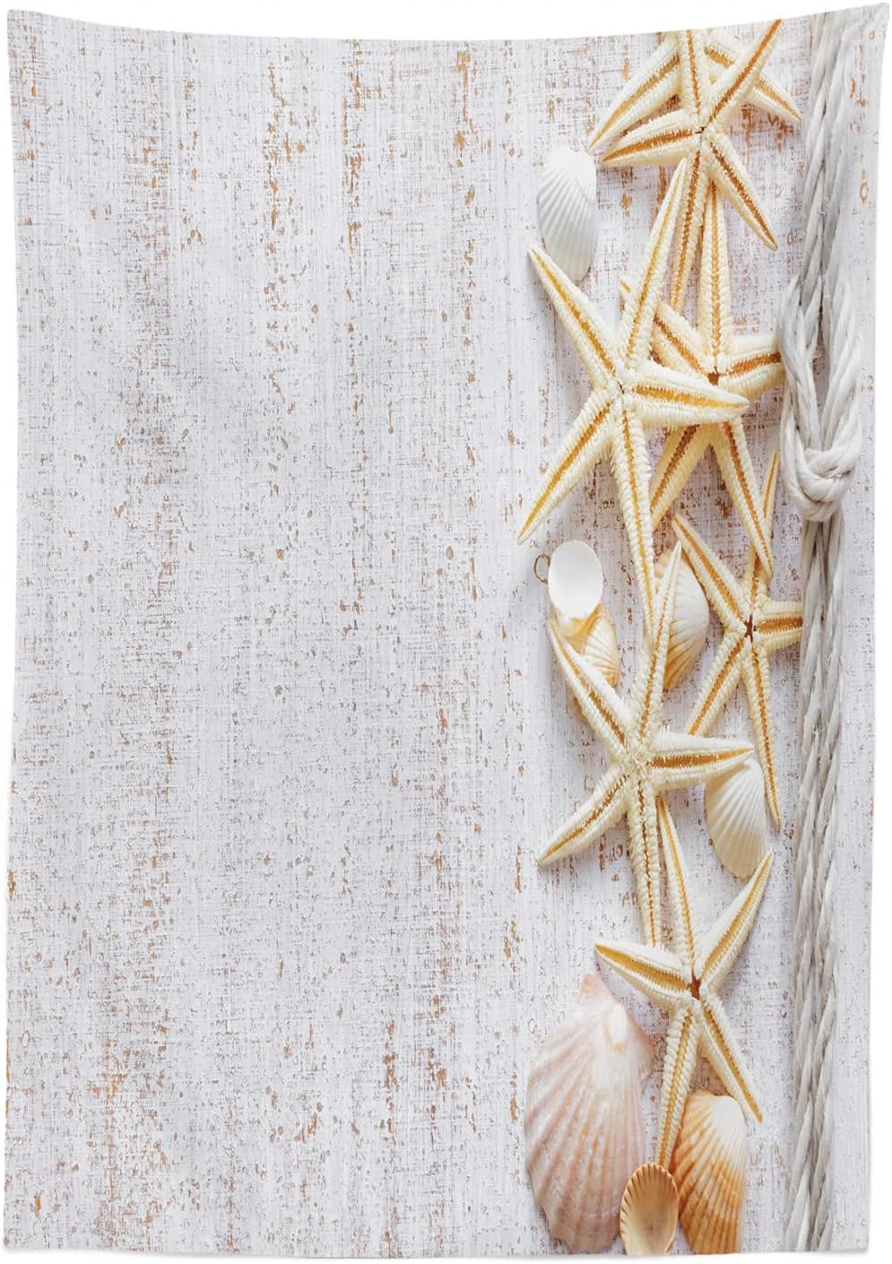 Ambesonne Seashells Outdoor Tablecloth, Starfish Marine Rope in Vertical Direction Wood Surface Ocean Beach Nautical Print, Decorative Washable Picnic Table Cloth, 58" X 120", Ivory 58" X 120" Ivory