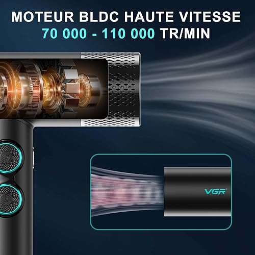VGR Professional Barber Combo, Tagliacapelli Rifinitore Rasoio a Lamina e Asciugacapelli Ionico 4 in 1 Kit Barbiere Professionale, Motore Potenziato, Display LED, Base di Ricarica e Custodia, Nero - 5