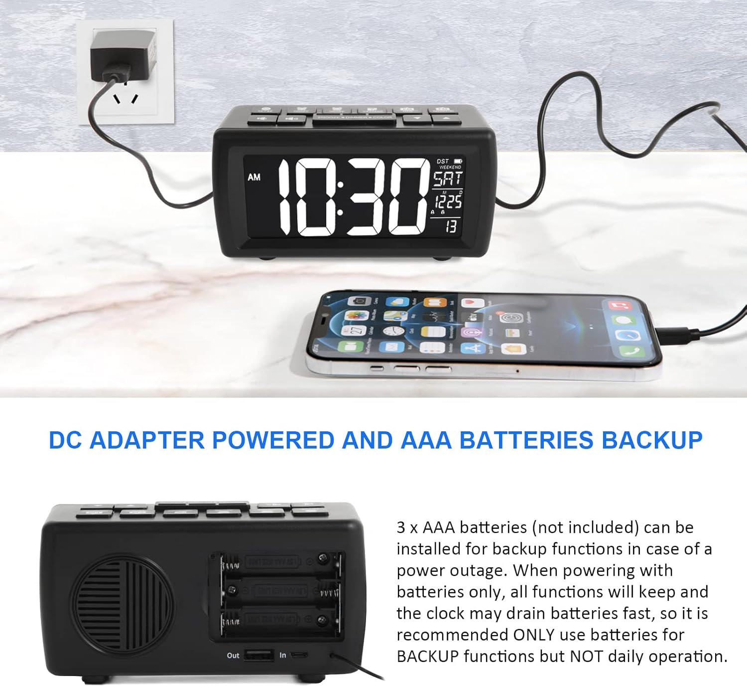 AZUTTA Digital Alarm Clock Radio connected to a DC adapter and showing the battery compartment for AAA batteries.