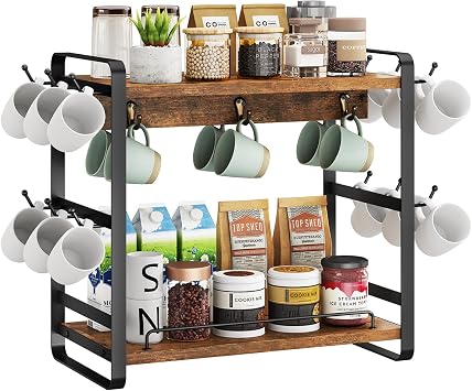 IBUYKE Kitchen Mug Cup Holder,2 Tier Coffee Bar Organizer,Brown TBJ006H | Coffee Bar Station Countertop Organizer Coffee Mug Stand with 18 Hooks,Multifunctional Mug Tree for Home Kitchen Office