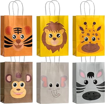 kulusion 18 Packs Animal Party Favor Bags, Jungle Theme Party Candy Bags With Handles, Safari Animals Goodie Bags for Kids Baby Shower Birthday Party Supplie - 210x150x80mm