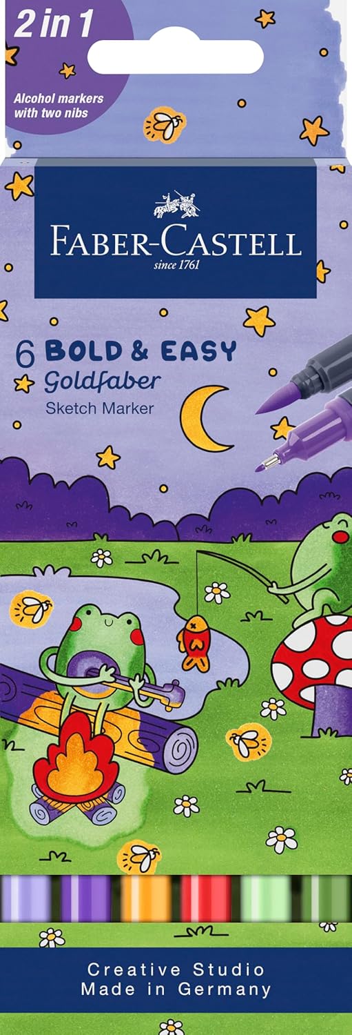 Faber-Castell Goldfaber Sketch Markers, Bold & Easy, Wallet Set Of 6, Colouring Markers, Alcohol-Based Marker Pens, Fast-Drying Ink, Dual Nibs Tip, Art Set Supplies, Coloring, Sketching, Drawing Pens