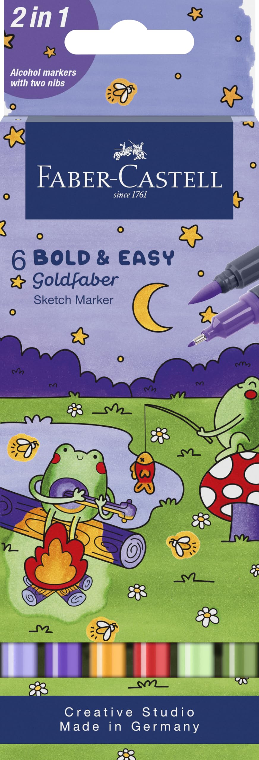 Faber-Castell 164814 - Goldfaber Sketch Marker, 6 Alkohol Marker mit Brush Spitzer und Fineliner Spitze