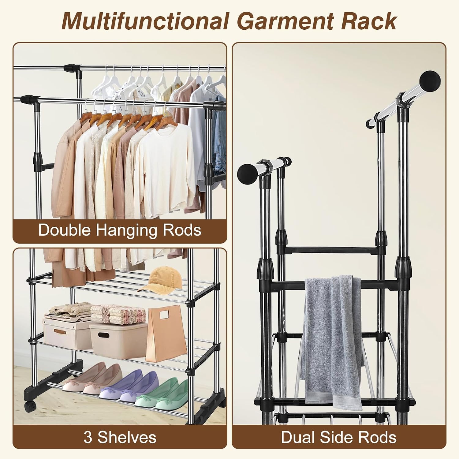 Portable Double-Rod Clothes Rack, Clothing Garment Rack Clothes Organizer with Extendable Bar and Rolling Wheels, Portable Closet Wardrobe Rack