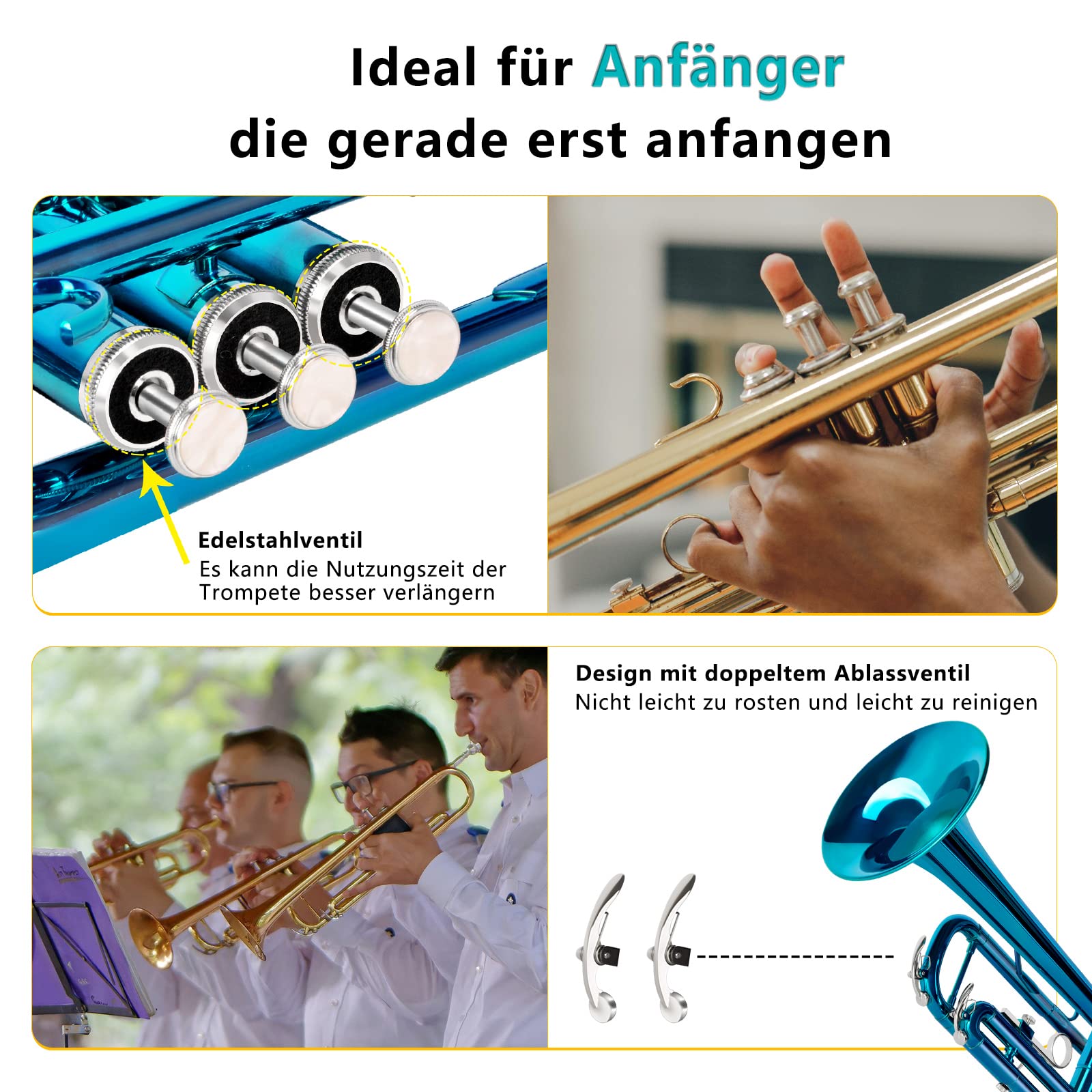 EASTROCK Trompete BB Standard Trompete Kit mit Tragetasche, Handschuhe, 7C Trompete Mundstück,Tuning Rod, Trompeten für Anfänger und Schüler(Lake Blue)