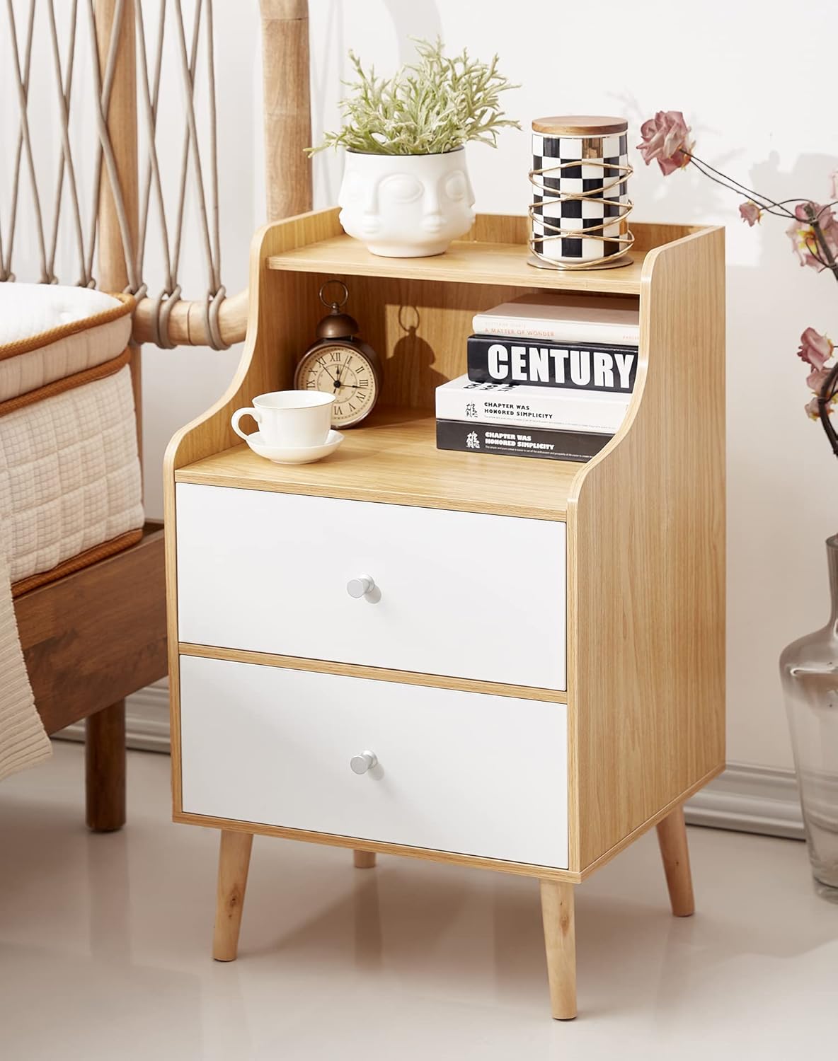 OBERICOL Nightstand, 2 Drawers End Table with Shelf, Cute Side Table