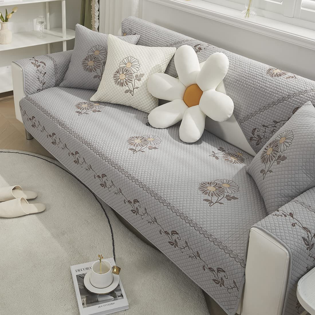 Amazon.com: vctops Farmhouse Floral Embroidery Sofa Cover Cotton