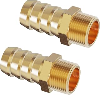 황동 호스 바브 피팅 1cm(3/8인치) 바브 x 0.3cm(1/8인치) PT 수 황동 바브 에어 호스 수리 커넥터 연결 시나리오용 에어 가스 연료 오일 2개(10mm 파이프에 적합) | Brass Barbed Hose Adapter, 3/8" Barb X 1/8" PT Connector for 10mm ID Tube, Air Gas Fuel Water Automotive Plumbing Repair