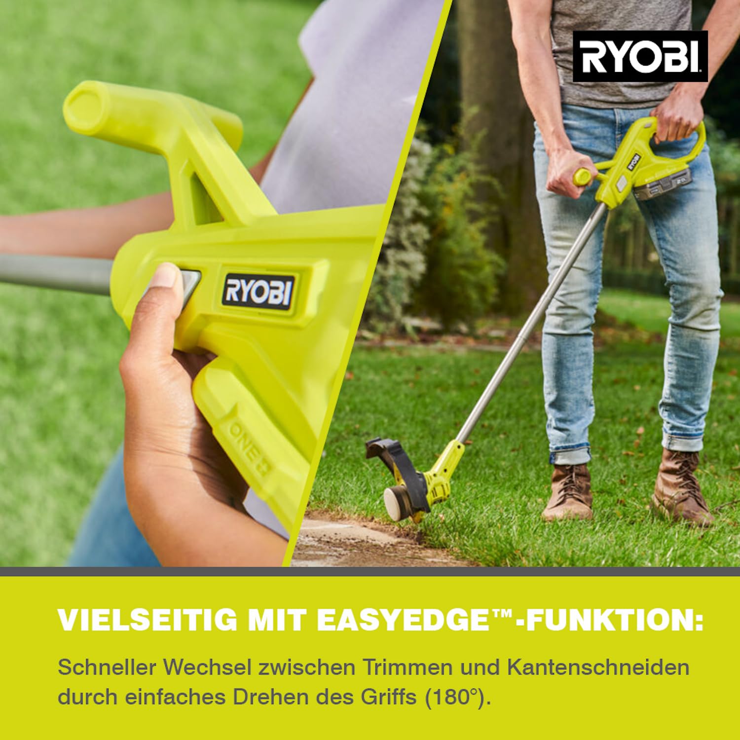 RYOBI 18 V ONE+ Akku-Rasentrimmer RY18LT23A-0, 23 cm Schnittbreite, EasyEdge, Metallstiel