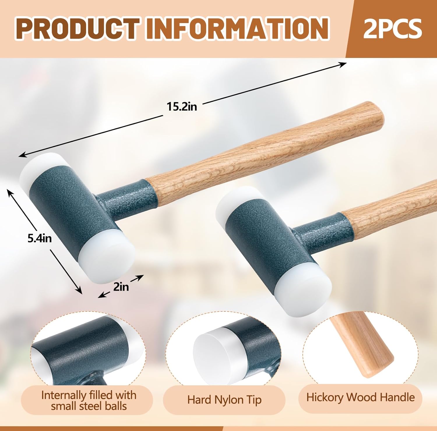 Lothee 2 Pcs Dead Blow Hammer 2.4 LB, 50mm Soft Face Mallet with Shot-Filled Head, Non-Marring Nylon Tips & Hickory Handle, Heavy Duty for Automotive, Woodworking and Assembly