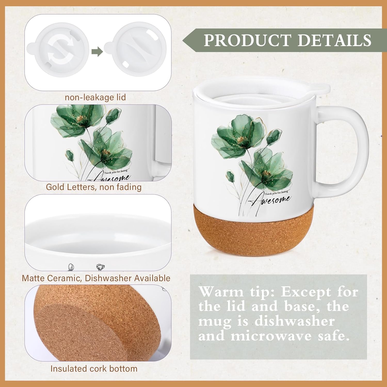 Sayglossy 4 Pcs Thank You Gifts Set for Women Teacher Nurse Employee Appreciation Notebook Green Flowers Inspirational Coffee Mug Scented Candle Ballpoint Pen for Coworker Volunteer Secretary