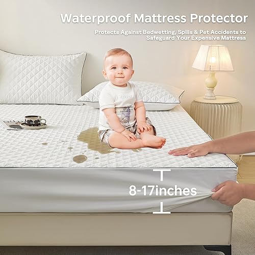 Miniatura 5 de Protector de colchón impermeable tamaño individual, funda de colchón de algodón de alta calidad de 3.53 ozm con 2 fundas, transpirable, elástico