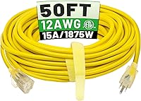 POWGRN 50ft 12/3 Outdoor Extension Cord Waterproof Heavy Duty 12 Gauge 15A 1875W SJTW Yellow ETL Lighted End