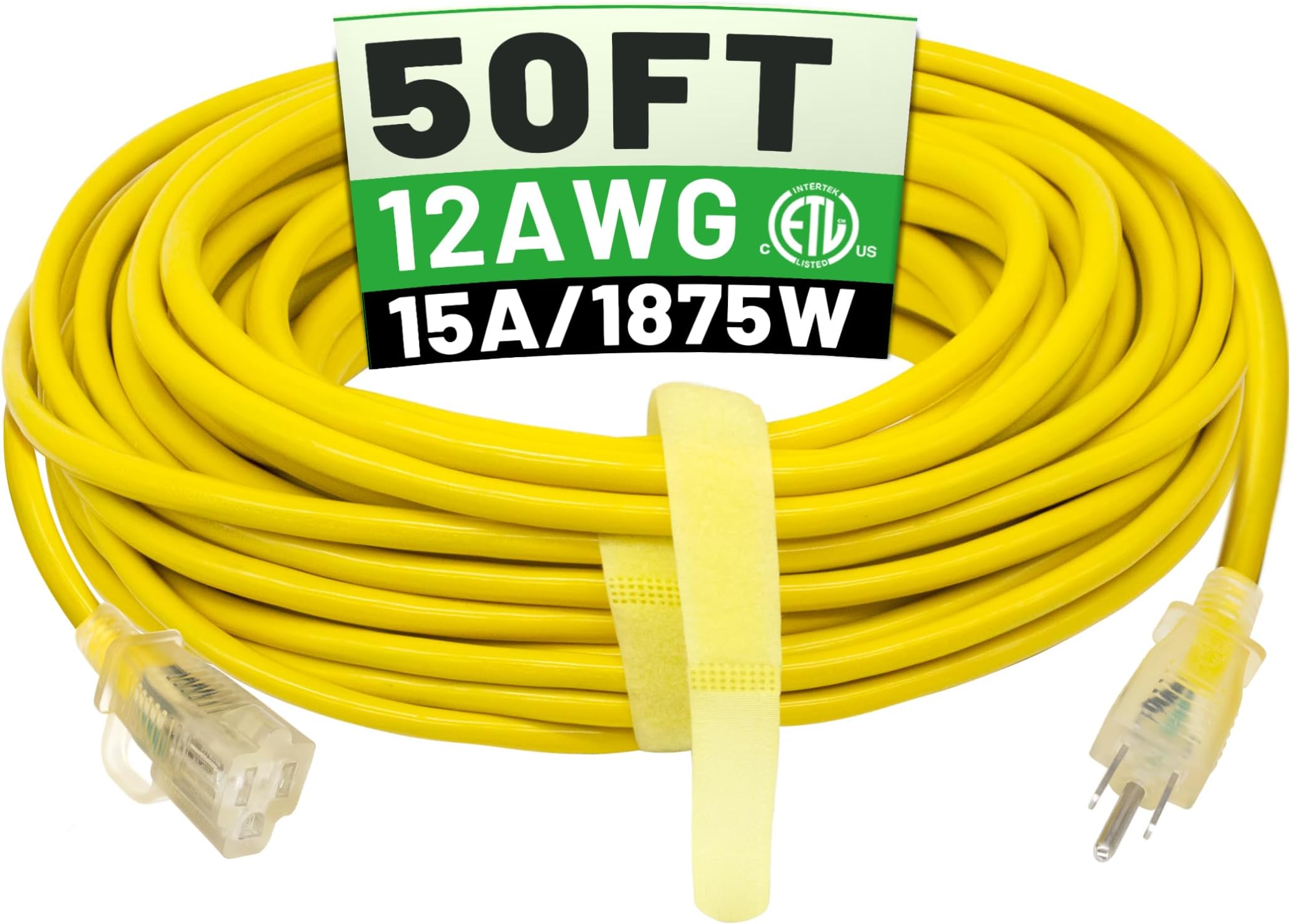 POWGRN 50 ft 12/3 Outdoor Extension Cord Waterproof Heavy Duty with Lighted Indicator End 12 Gauge 3 Prong, Flexible Cold-Resistant Long Power Cord Outside, 15Amp 1875W SJTW Yellow ETL Listed