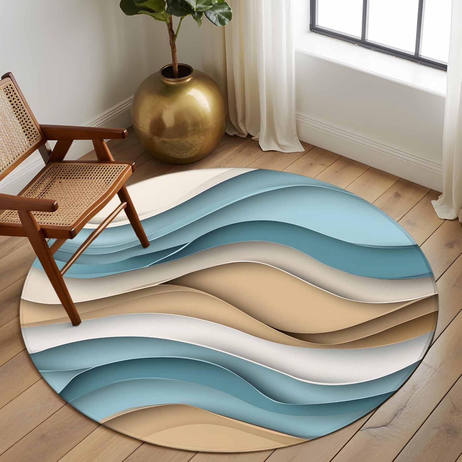 8ft Round Rug, Teal Beige Ombre Non-Skid Rubber Backing Large Area Rugs - Living Room Bedroom Home Office, Abstract Geometric Modern Moire Indoor Floor Mat Carpets Washable Rug
