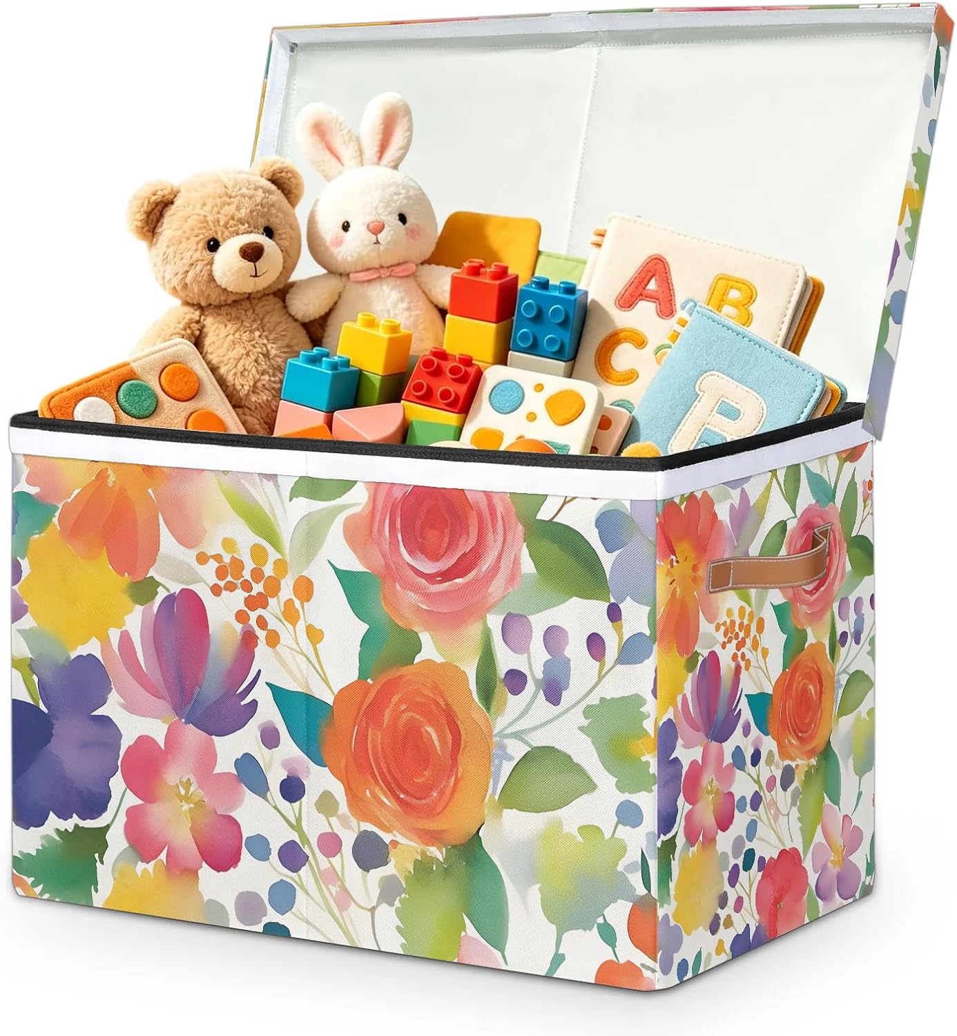 Watercolor Colorful Floral Large Toy Storage Box with Lid