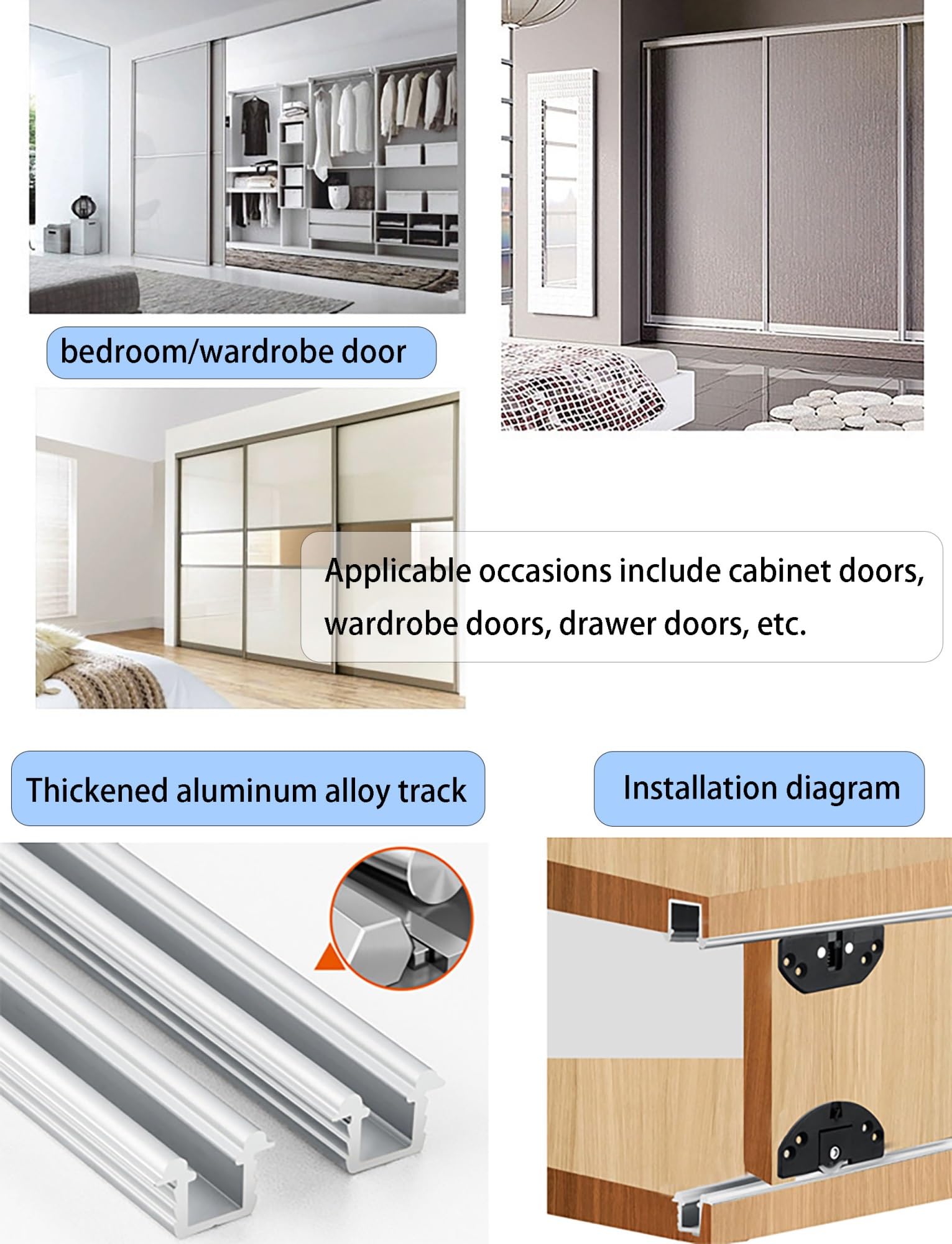Zestaw rolek do drzwi przesuwnych, szyna ze stopu aluminium, rolki PE do drzwi szafy szafy 16-25 mm 1 zestaw(Staggered Door,150cm)