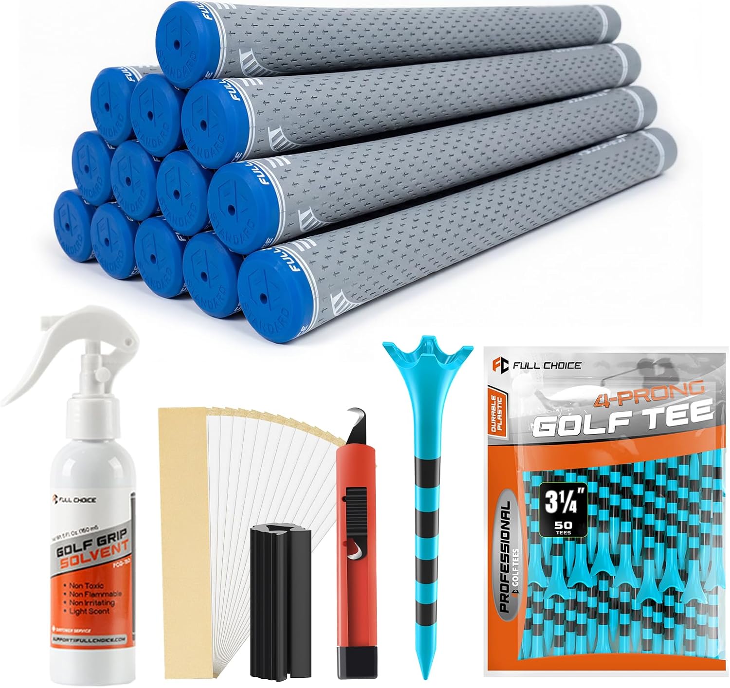 Golf Grips & Tees Bundle: 13 Pack Standard Size Anti-Slip Rubber Golf Grips + 100 Pack 3-1/4" Durable Plastic Golf Tees, Stable Low-Friction Design