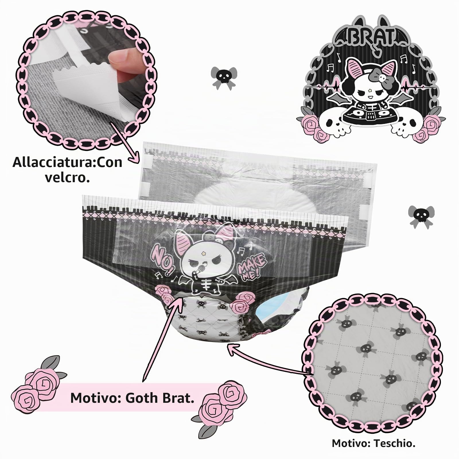 LittleForBig Assorbente Ultra 7000 ml Pannolino Stampato per Adulti 10 Pezzi - Goth Brat (L)