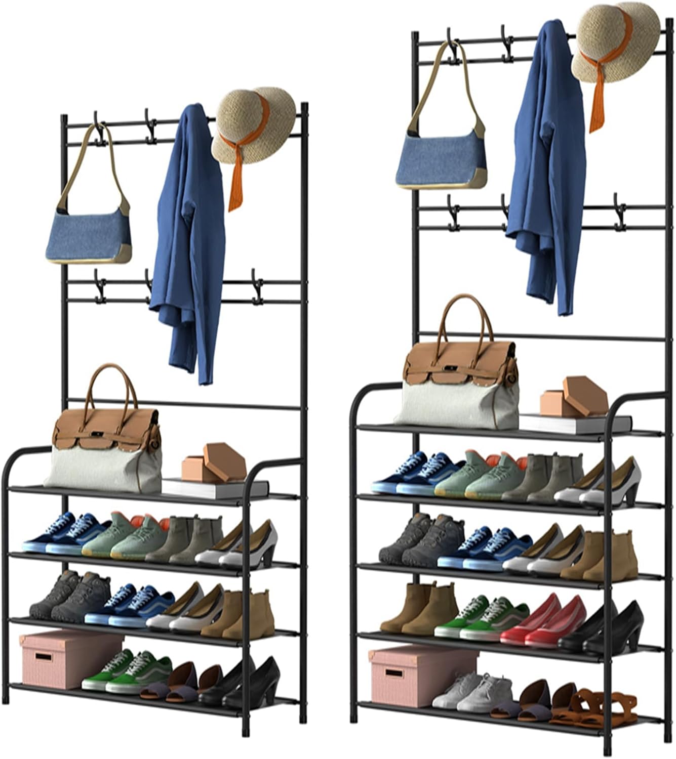 KOCASO 5-Tier Entryway Coat Rack Hat Rack, Entryway Shoe Rack With 4 Removable Hooks & 5-Tier Shelves, Freestanding Hall Tree Garment Hanger for Clothes Shoe Hat Bag for Entryway Bedroom Closet, Black