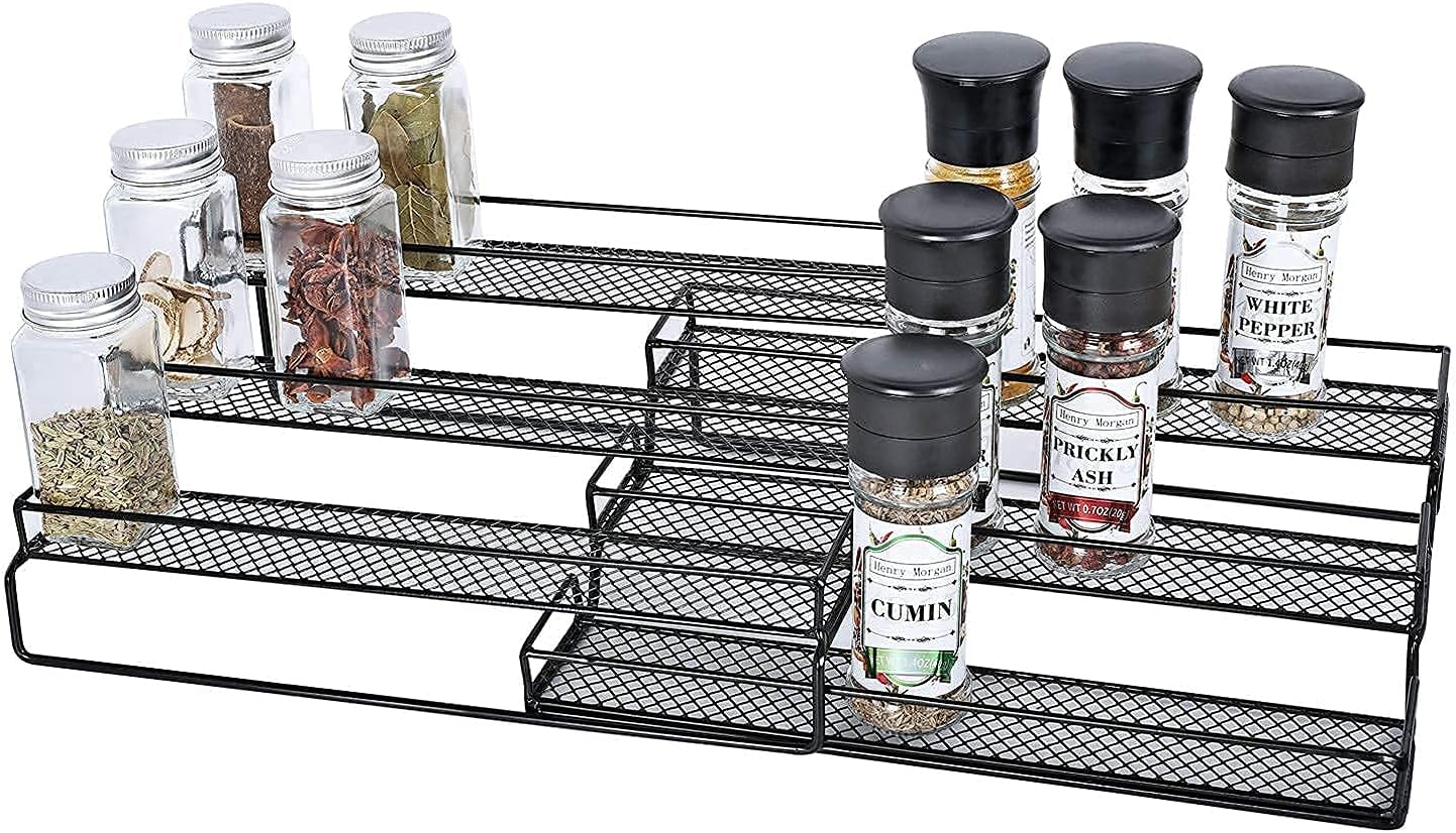 JANE EYRE Spice Rack Organizer for Cabinet,3-Tier Adjustable Kitchen Seasoning Storage Step Shelf for Counter & Pantry,with Protection Railing