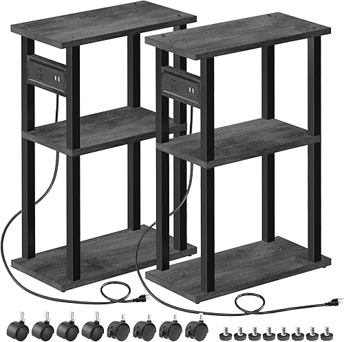 Miniatura 8 de TUTOTAK Mesa auxiliar pequeña y estrecha con estación de carga, juego de 2 mesas auxiliares delgadas para espacios pequeños, mesita de noche delgada