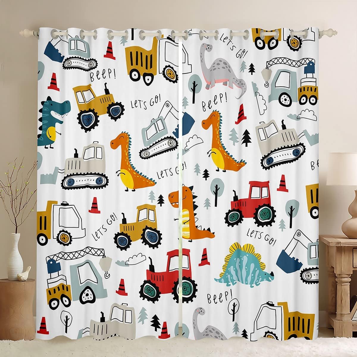 SMXVRC Cartoon Construction Truck Thermal Insulated Drapes Jungle Dinosaur Print Window Curtain Full Room Darkening Privacy Window Drapes Treatment for Nursery Boys Bedroom W55 x L84 x 2 Panels