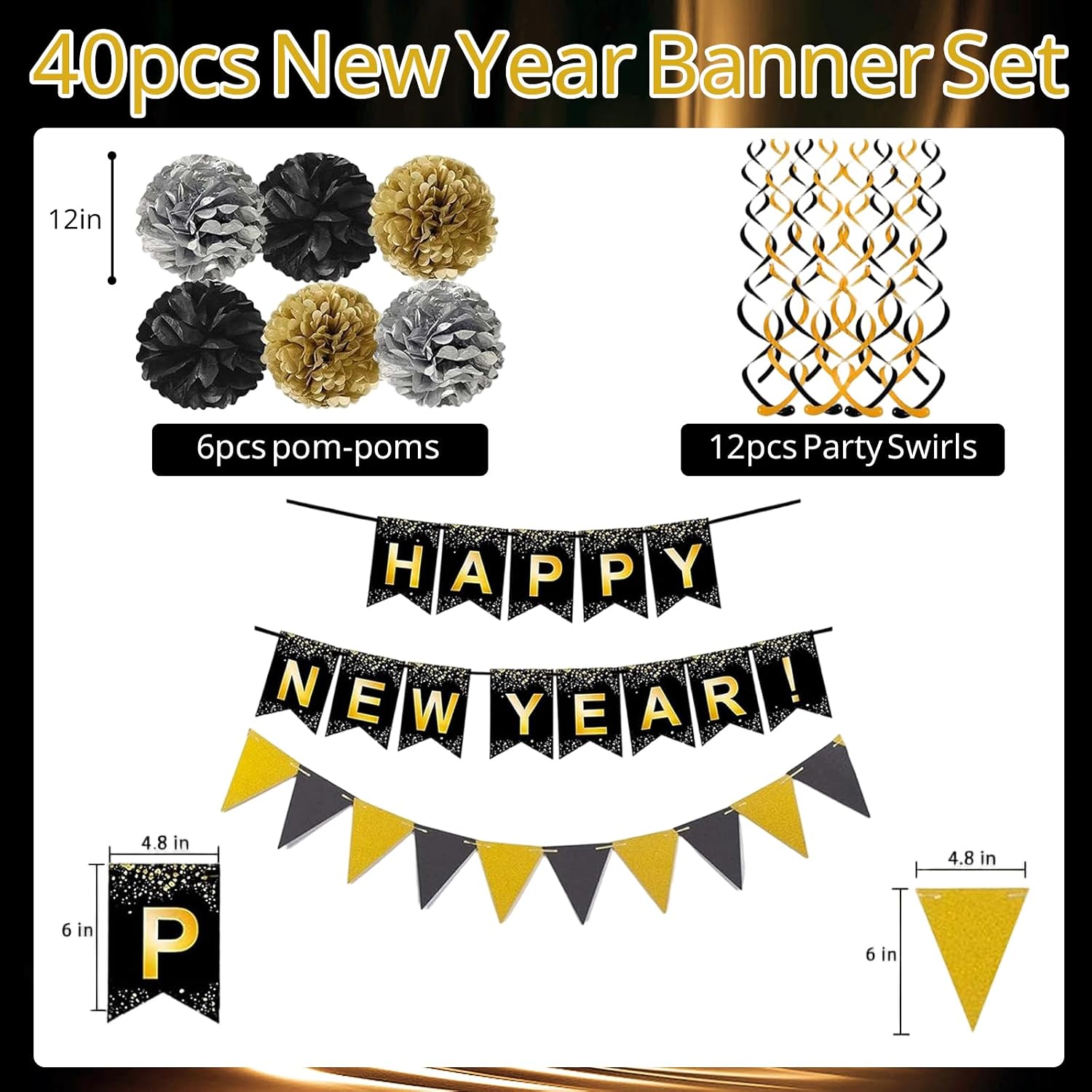 New Years Eve Party Supplies - Gold and Black Happy New Year Banner Decorations with Paper Flag Bunting Swirl Streamers Greeting Card for Kids Party Decorations image 5