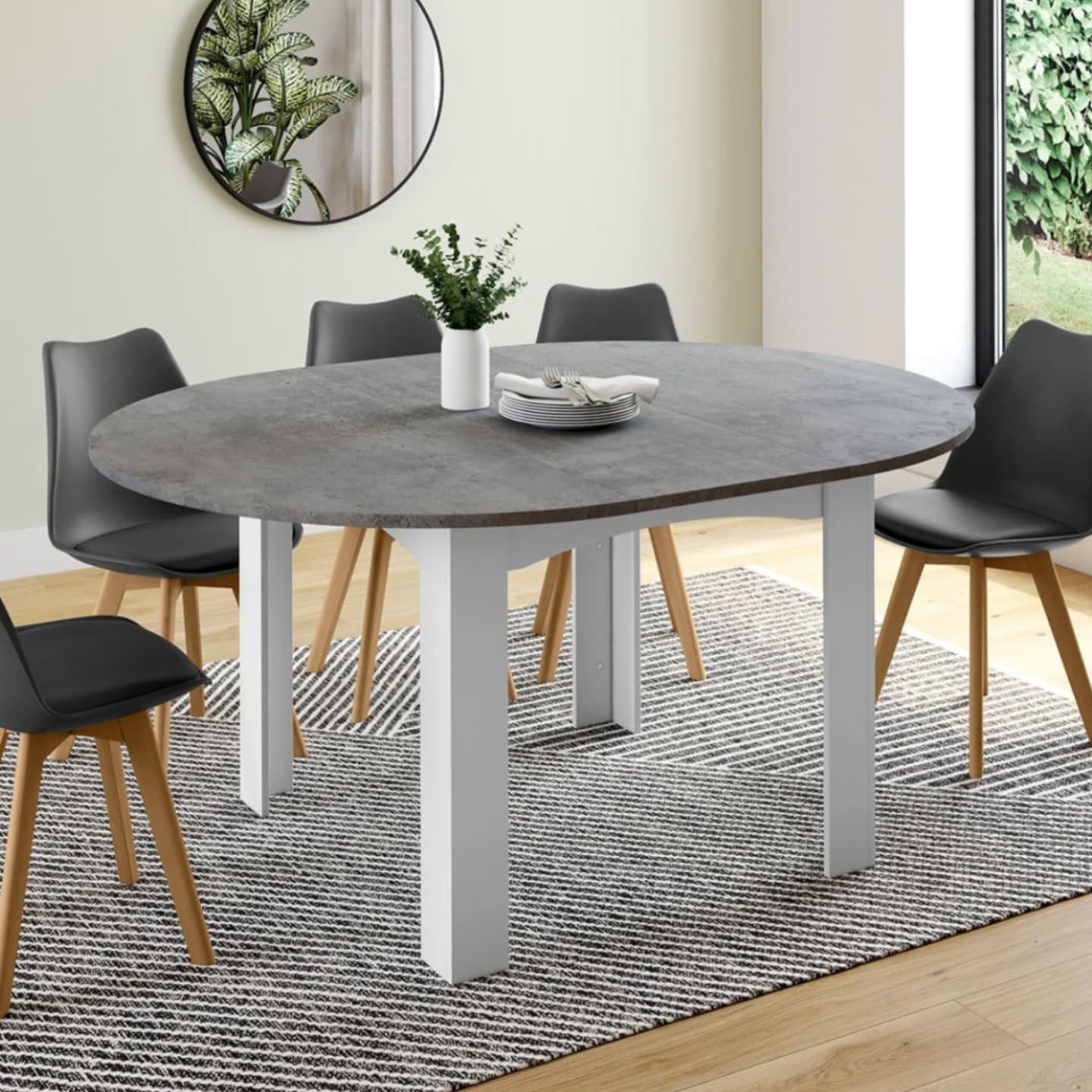 IDMarket - Tavolo da pranzo allungabile, rotondo, Dona, per 4-8 persone, bianco, piano in effetto cemento, 110-150 cm