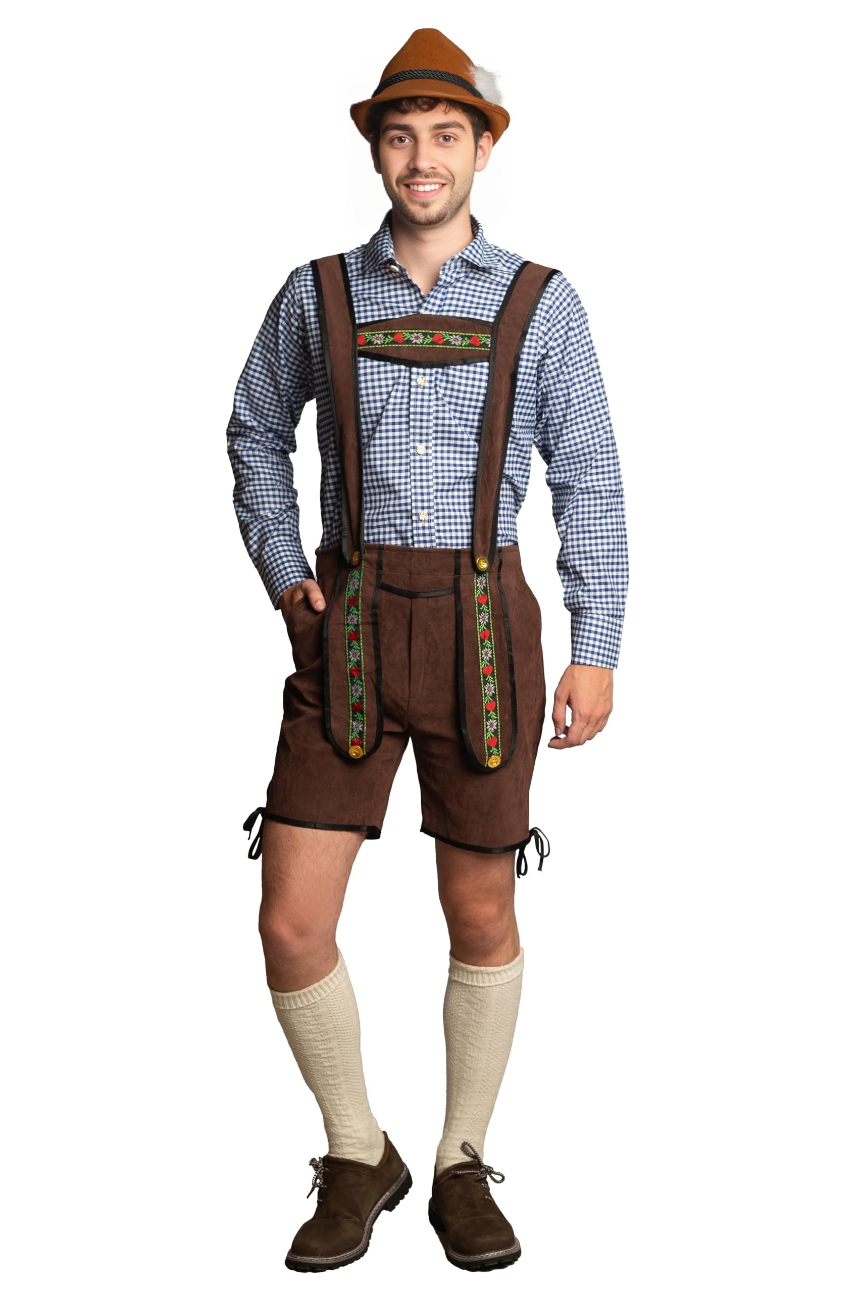 Partychimp Oktoberfest Homme's Lederhosen et chemisier (Courte Marron Foncé Polyester Lederhosen avec bretelles + Oktoberfest Chemise Bleu or Rouge) - Taille S à 2XL