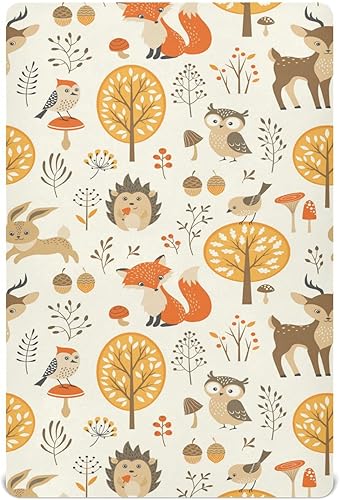 Sábanas para cuna de animales del bosque de otoño para niños y niñas, paquete y juego, sábana bajera portátil para cuna estándar y de niño pequeño,