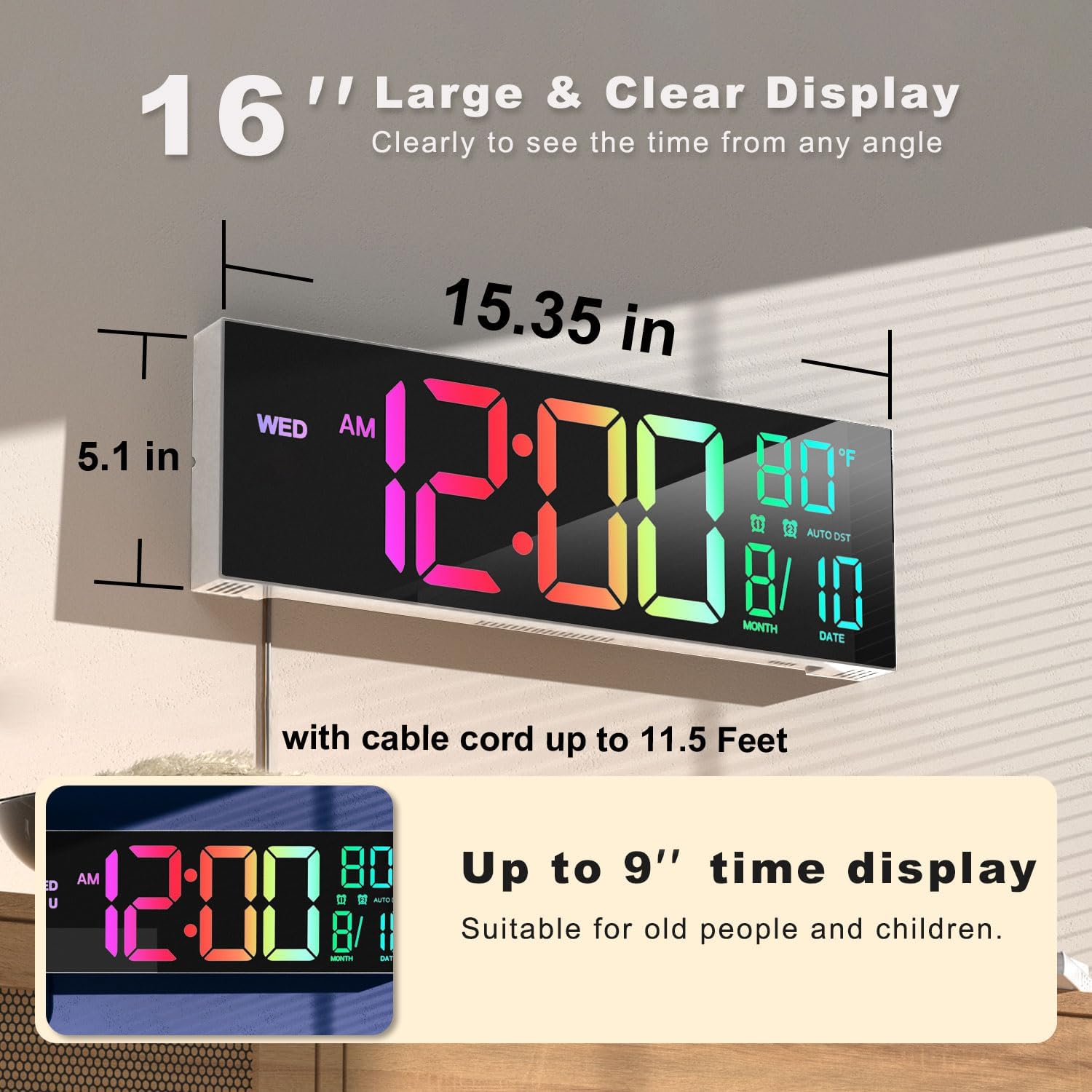 Image showing the dimensions of the JALL PH01 Digital Wall Clock: 15.35 inches wide and 5.1 inches high.