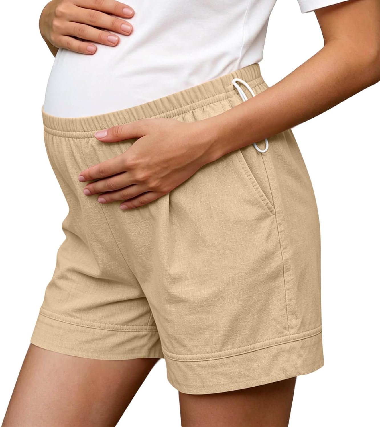 Women's Linen Shorts Drawstring Maternity Elastic Waist Over Belly Bump | Summer Lounge Support Pregnancy Shorts Pocket