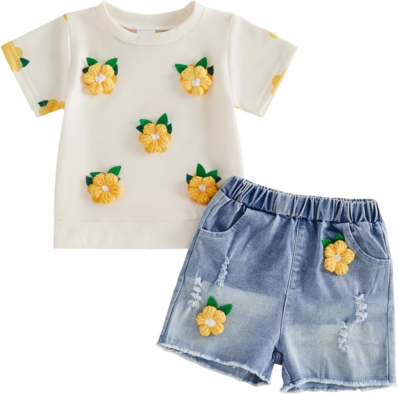 YINGISFITM Toddler Baby Girl Clothes Summer Floral Print Short Sleeve Tee Shirt Jeans Shorts Cute Outfit Girls Clothing Set