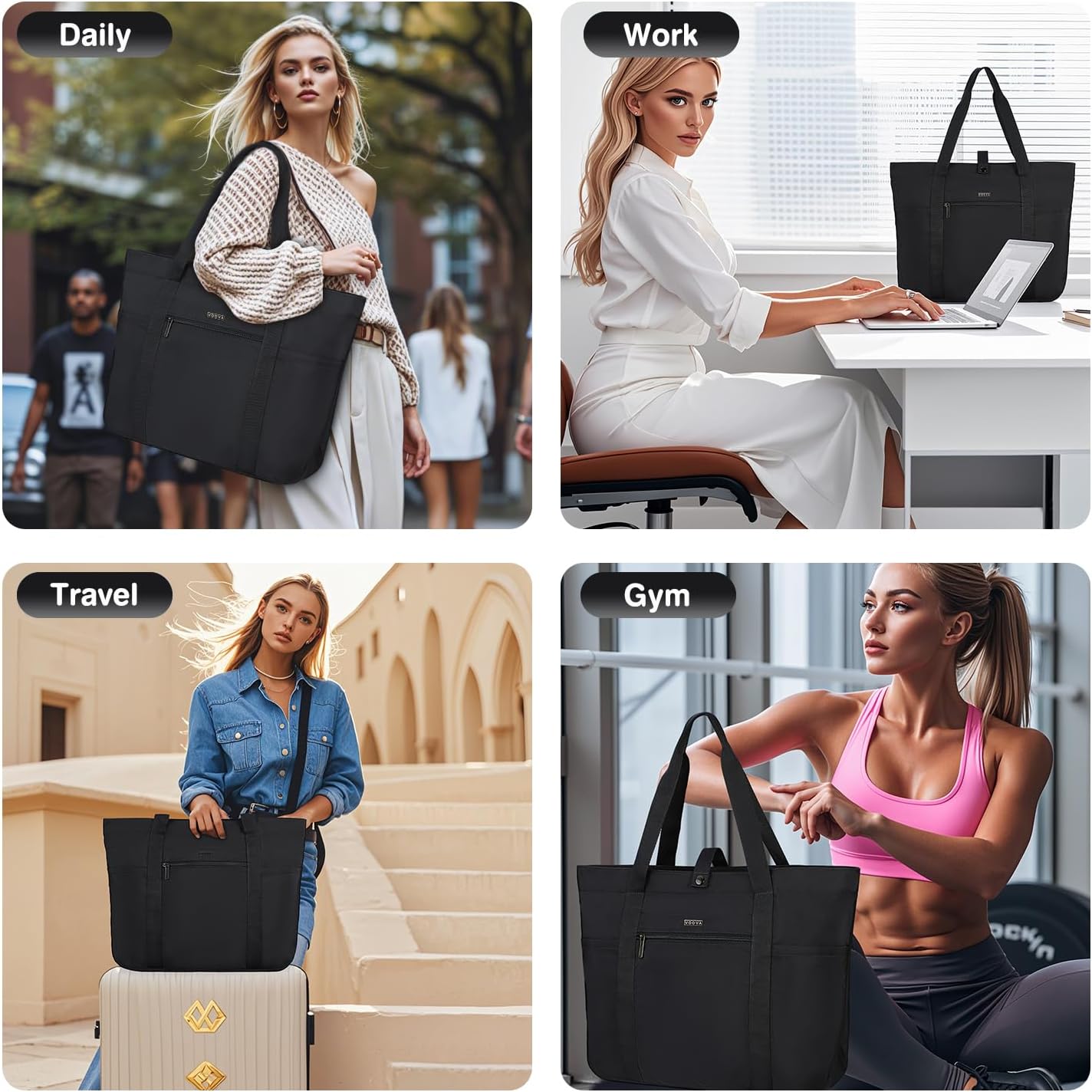 Voova Tote Bag for Women, Large Capacity Tote Bag with Zipper, Foldable Shoulder Bag Handbag for Work,Travel,Shopping,Beach - Image 7