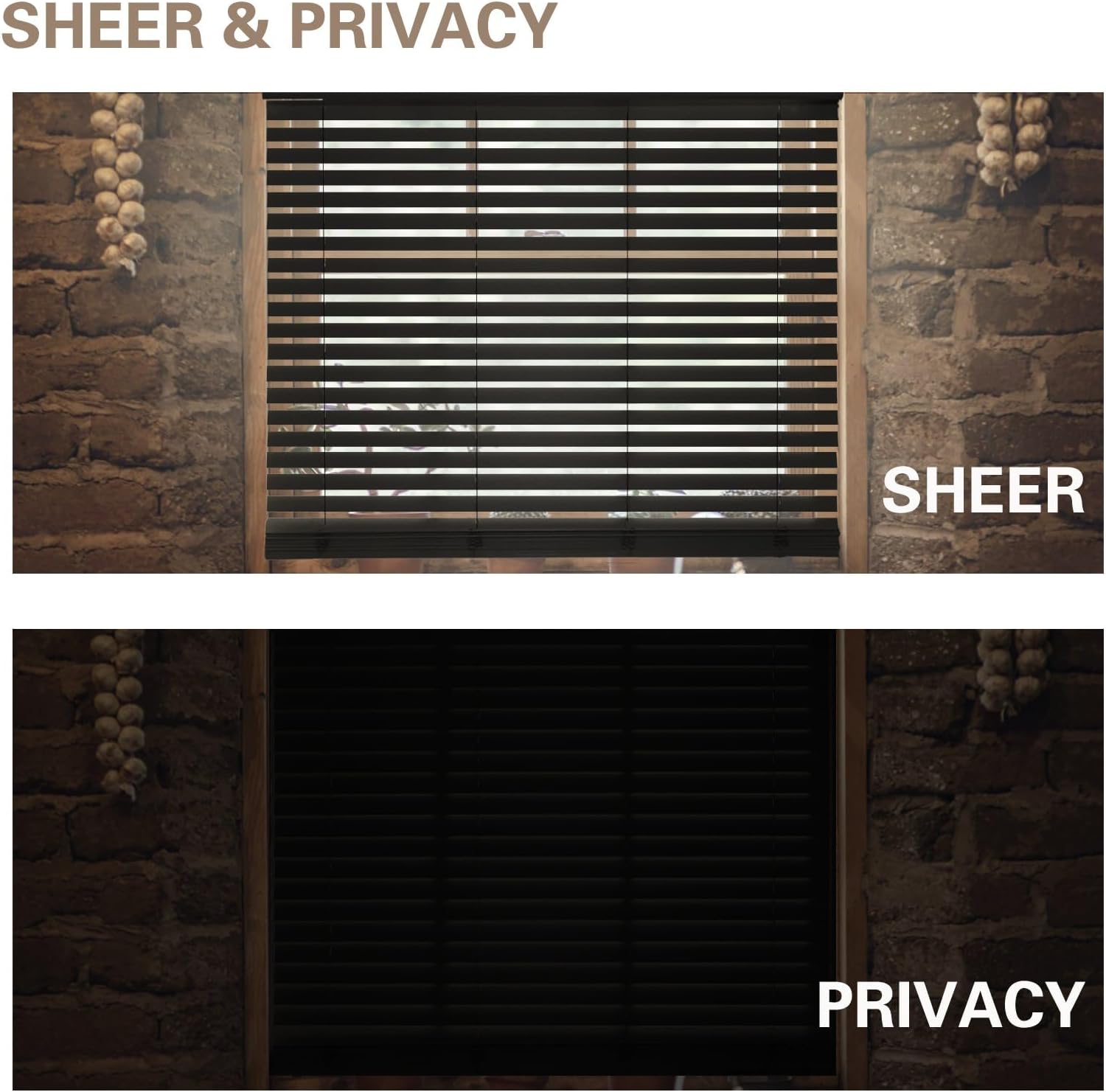 2 inch Faux Wood Cordless Blind,Wooden Mini Horizontal Venetian Blinds for Indoor Windows,Blinds & Shade,Black,39" W × 54" H