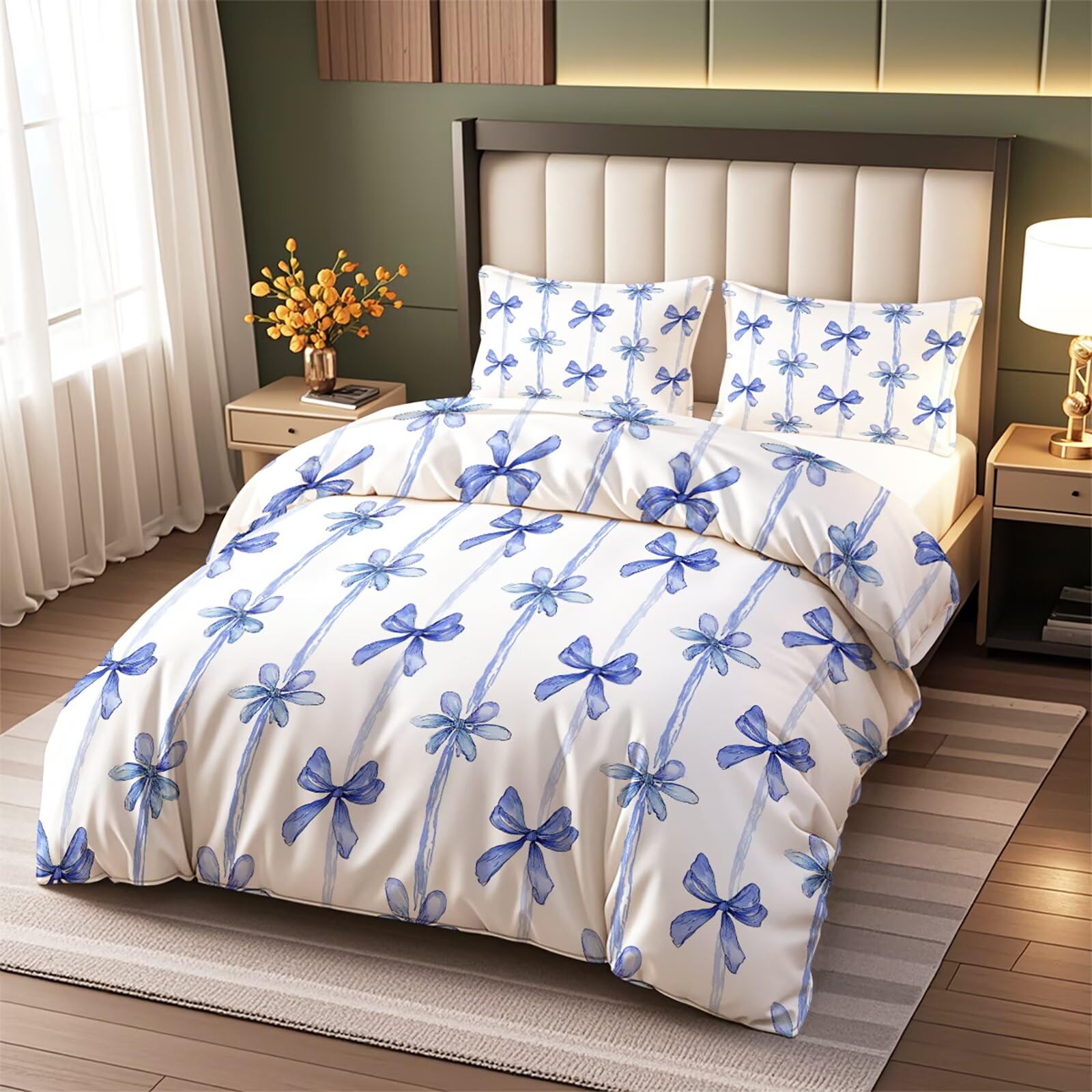 ViblyCoz Blue Bow Stripe Single Bed Duvet Cover Set White 3 Piece Bedding with 1 Duvet Cover 135x200cm and 2 Pillowcases — image 1