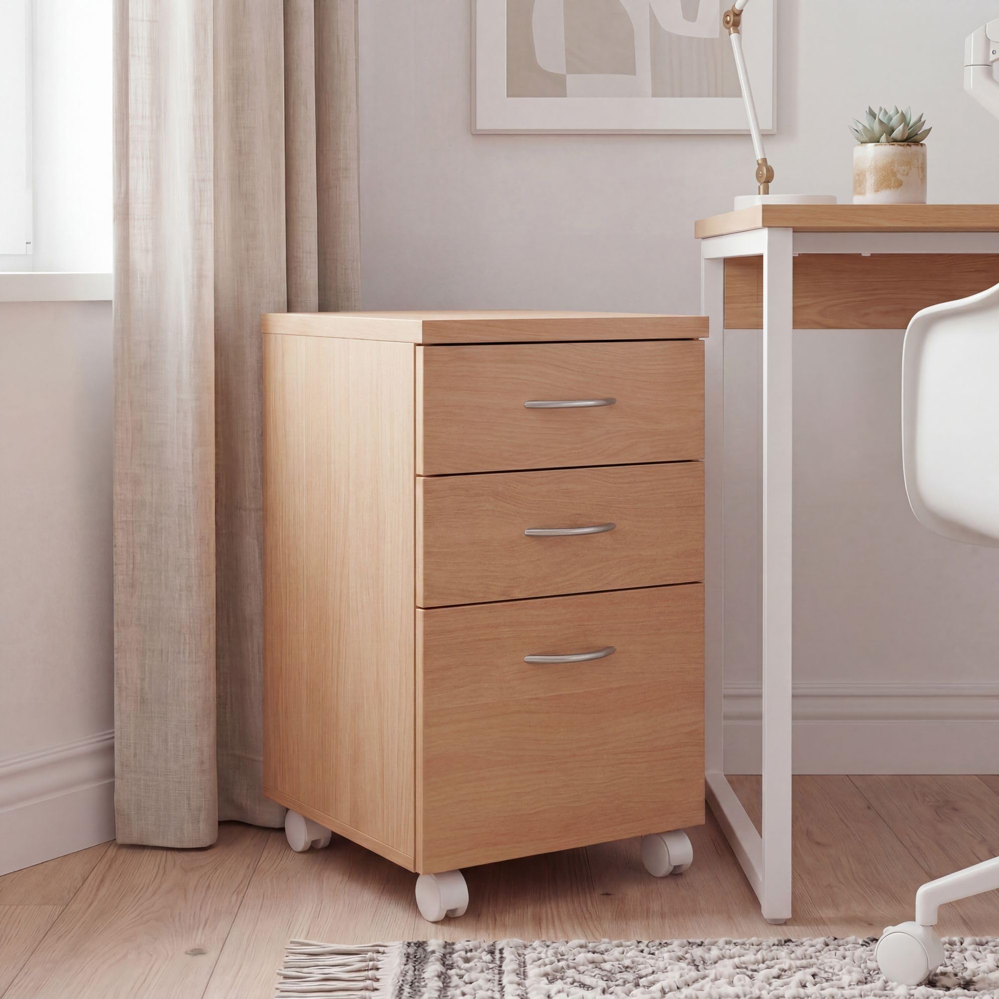 FineBuy Caisson à roulettes Ottawa 40x45x60 cm Hêtre avec 3 Tiroirs | chariot blocables roulettes pour le bureau, se glisse sous le bureau