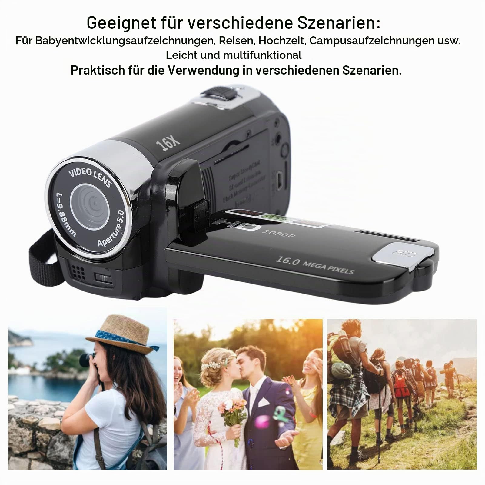 Digitalkamera, Videokamera-Camcorder, 16-Megapixel-DV-Kamera, 16-Fach-Digitalzoom-Videokamera, 2,7-Zoll-TFT-Digitalkamera mit Drehbarem Bildschirm (Schwarz)