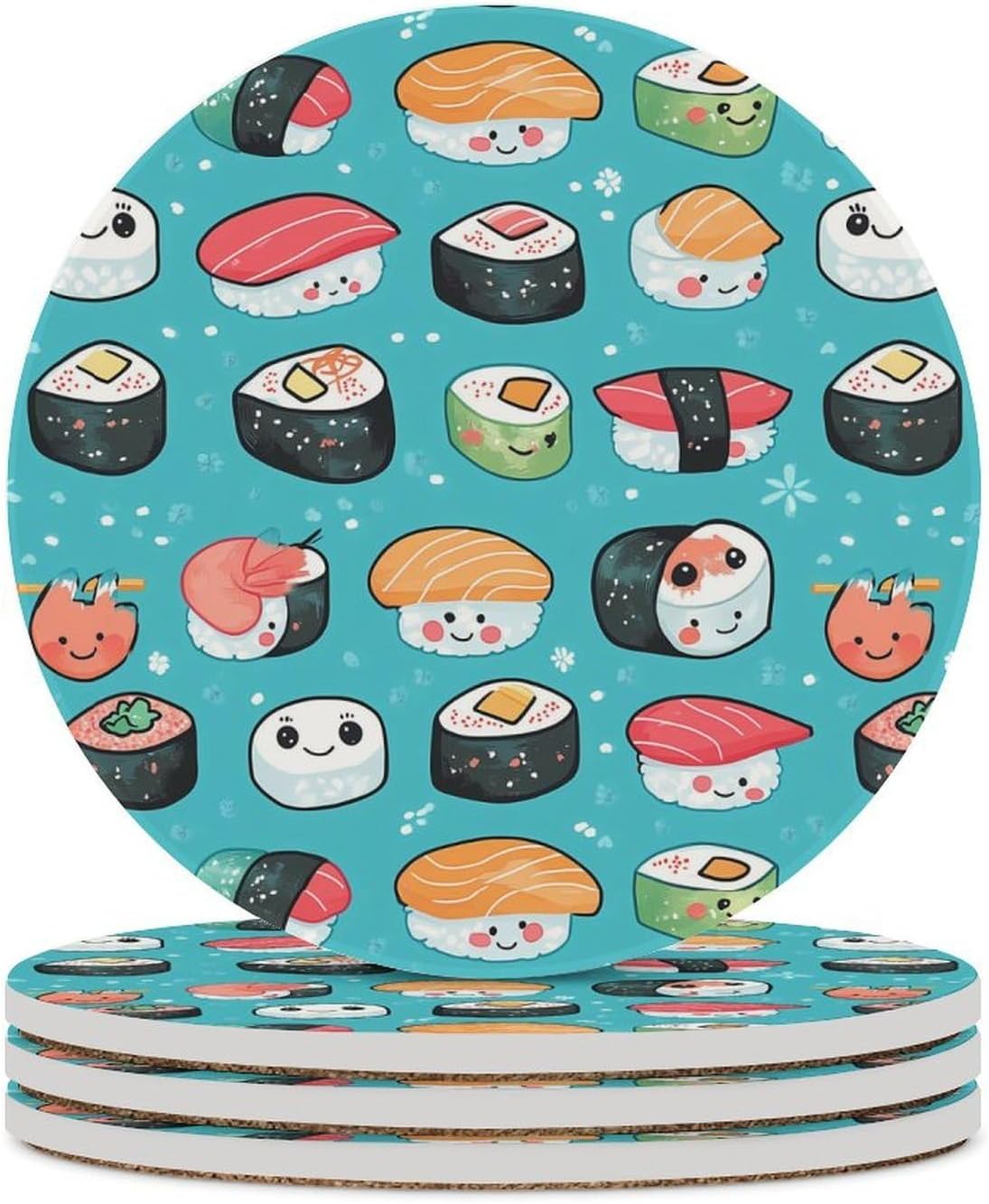 Cute Sushi Pattern Funny Round Ceramic Coasters for Drink Absorbent Cup Holders Tabletop Protection