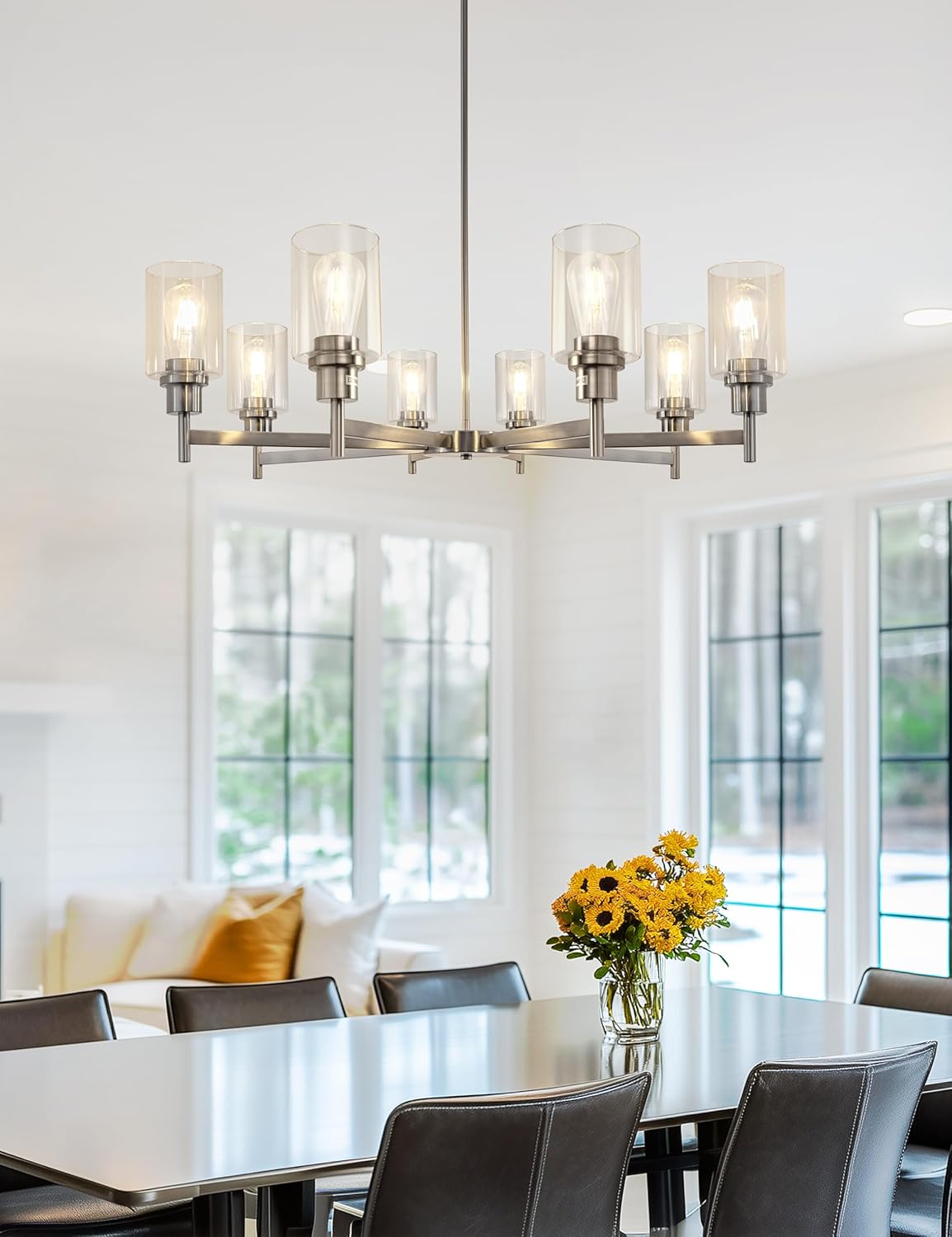L LOHAS LED 8-Light Chandelier for Dining Room Light Fixture Over Table, 31.5-Inch Modern Brushed Nickel Chandelier with Glass Shades, Adjustable Hanging Light Fixture for Kitchen Island Foyer Hallway