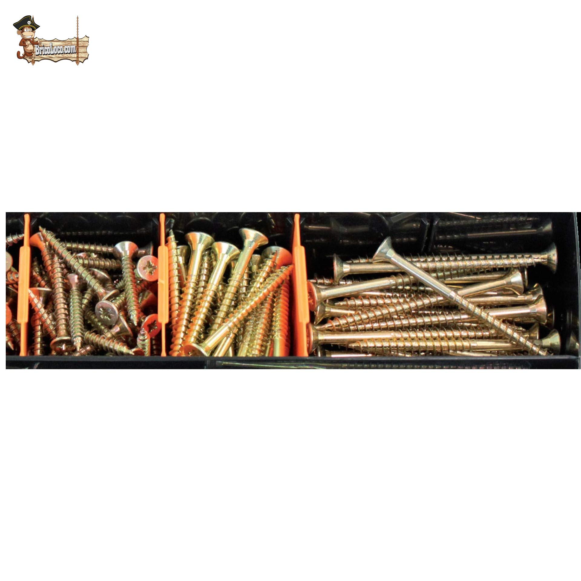 BricoLoco Maletín surtido + de 1.000 tornillos para madera aglomerado, tacos… Bicromatado con huella PZ pozidrive. DIN 7505-A.