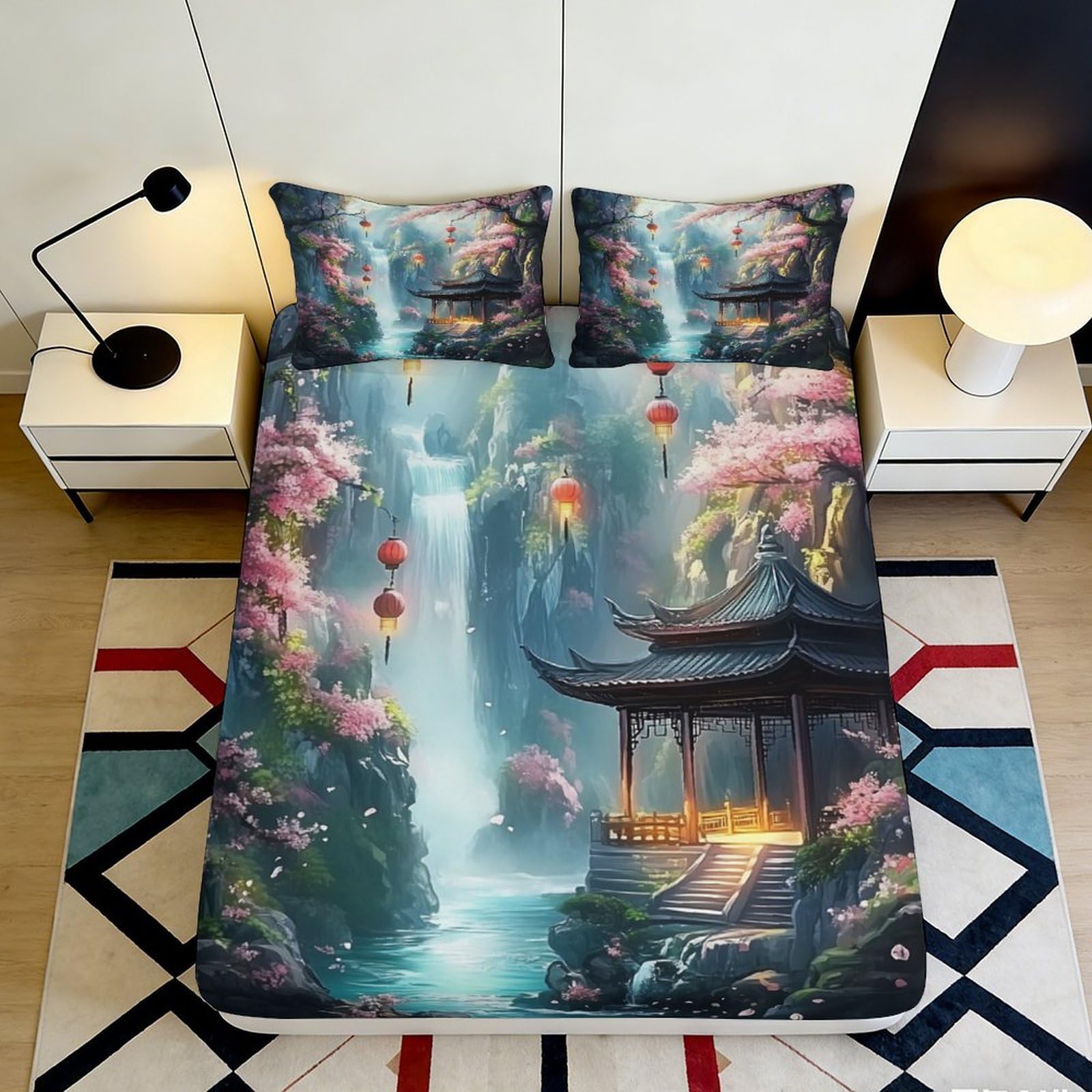 3D Printed Oriental Landscape Fitted Sheet Microfiber Deep Pocket, Non-Slip Bedroom Bedding Zen Mattress Fitted Cover Washable 200x200x25cm 90x200x25cm