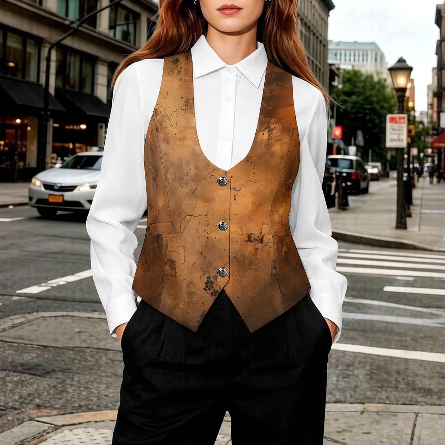 Abstract Brown Rust Color Women's Suit Vest V Neck Button Down Waistcoat Jacket Business Casual Tops
