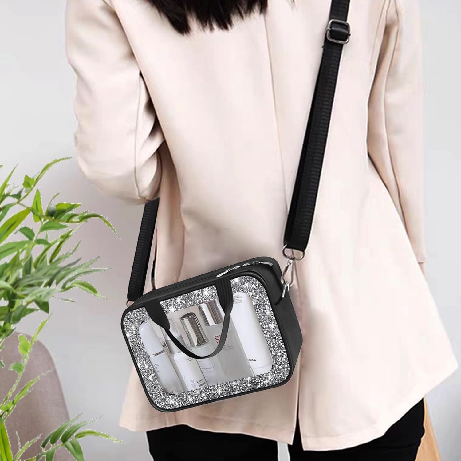 Meetart Trousse de toilette de voyage en cuir avec strass écrasés, Noir diamant, Tendance
